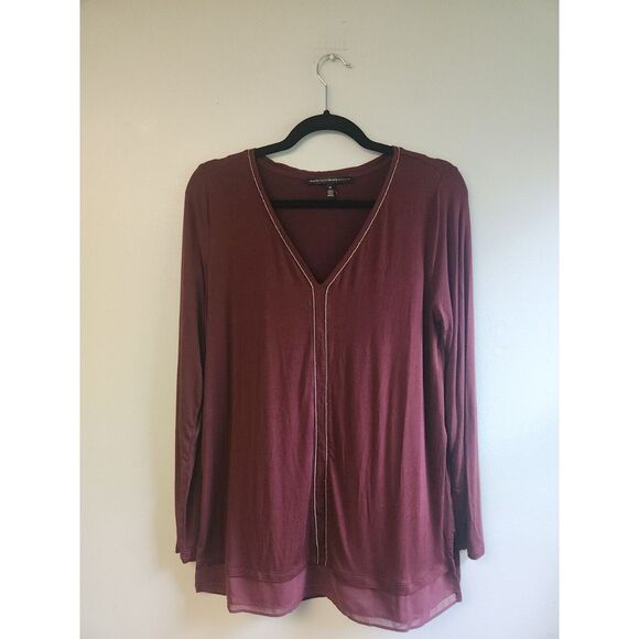 White House Black Market Tops - White House Black Market M‎ Burgundy Long Sleeve Ball Chain V-Neck Top
